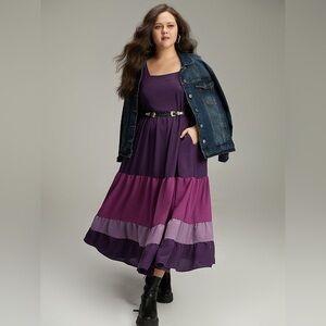 NEW Bloomchic Purple Colorblock Contrast Square Neck Ruffle Layered Dress 14-16
